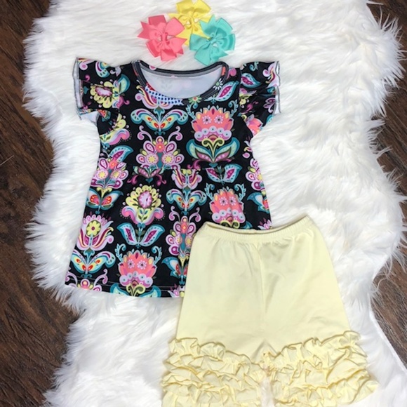 Other - 2pc. Black Floral Top w/ Yellow Icing Shorts Set